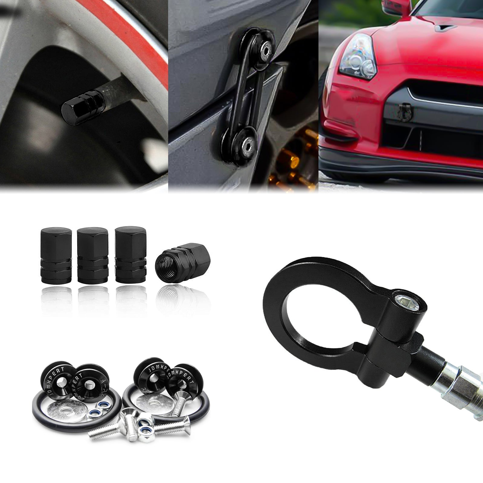 Set Towing Hook+Tire Valve Caps+Quick Release Fasteners For Nissan 370