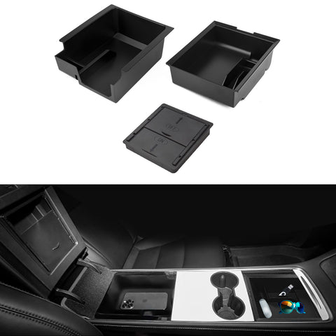 3PCS Center Console Organizer Tray Armrest Hidden Cubby Drawer Storage Box Compatible with Tesla Model 3 Model Y 2021-2024