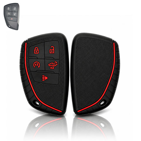 x xotic tech Silicone Smart Key Fob Cover Case Protector Gray w/Red Trim Fits Chevrolet Silverado 1500 2500HD 3500HD, Tahoe, Suburban & GMC Sierra, Yukon 5-Button Keyless Entry Remote Key Holder