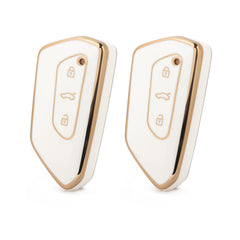 2Pcs Gold Edge White TPU Key Fob Shell Full Cover Case, Compatible with Volkswagen Golf 8 ID.4 MK8 Seat Leon MK4 Skoda Octavia Smart Keyless Entry Key