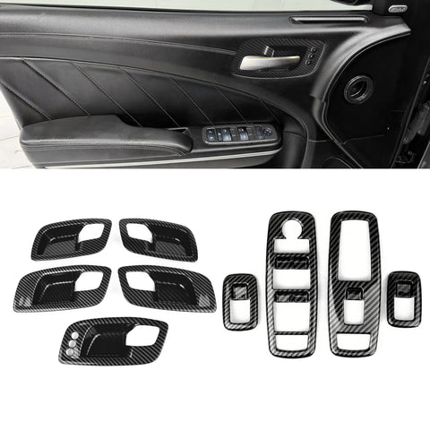 Carbon Fiber Style Door Handle Bowl Window Lift Switch Cover For Dodge Charger 2011-23