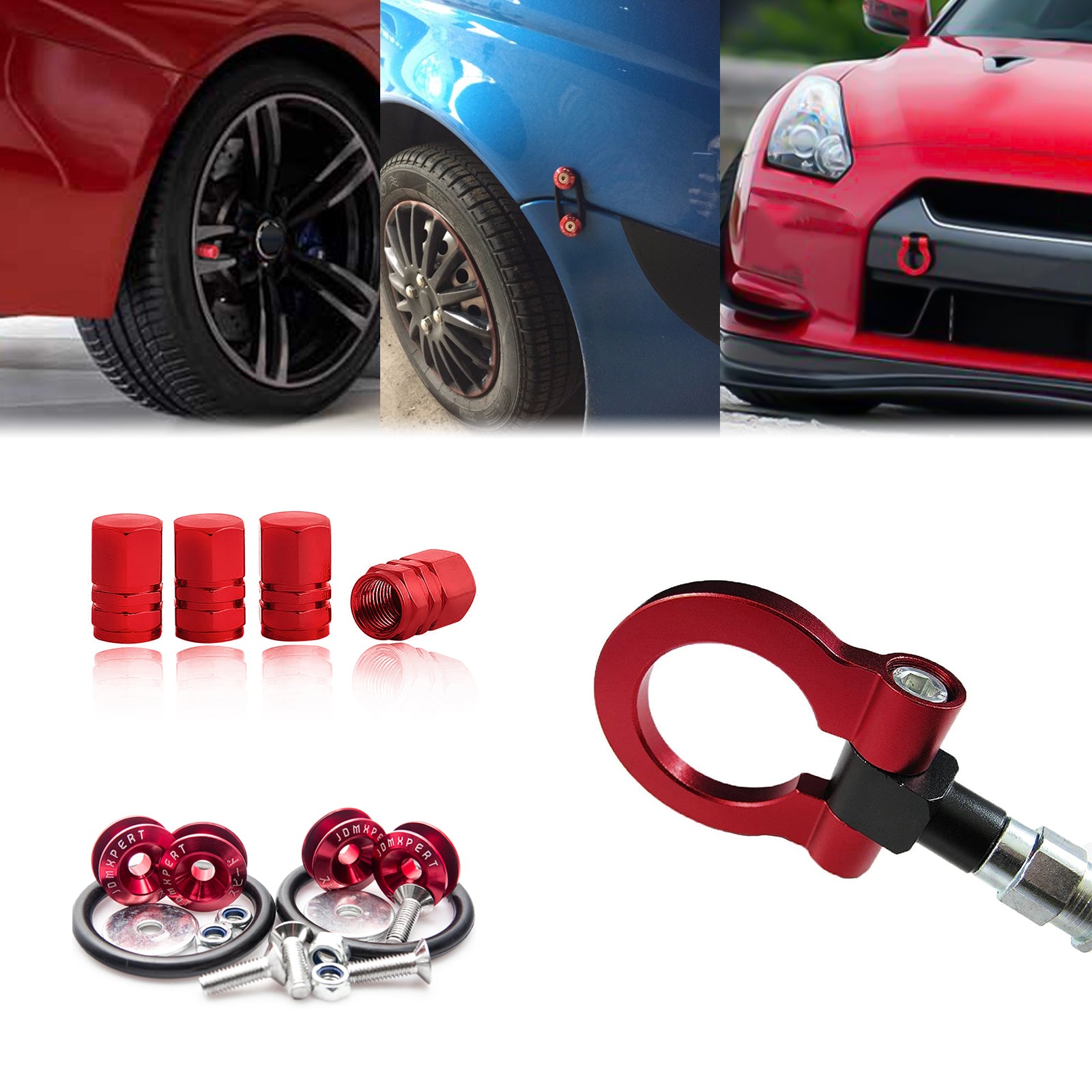Set Towing Hook+Tire Valve Caps+Quick Release Fasteners For Nissan 370
