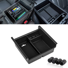 Center Console Armrest Box Secondary Storage Coin Holder Tray Organizer w/Black Anti-Dust Mats + Black Tire Valve Stem Caps Combo Kit, Compatible with Toyota 4Runner 2010-2024 or Kia Telluride 2020-2024