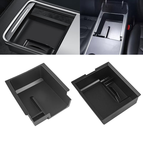 2PCS Interior Center Console Organizer Tray Armrest Black ABS Layer Hidden Cubby Drawer Storage Box Phone Coin Holder Tray Compatible with Tesla Model 3 Model Y 2021-UP