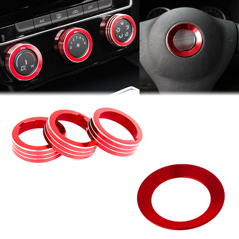 Red Center Steering Wheel + AC Climate Control Knob Ring Cover for VW MK7 Golf