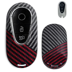 x xotic tech Glossy Black/Red Mix Color Carbon Fiber Texture Hard Plastic Key Fob Cover Case Compatible with Mercedes Benz W223 S Class, W206 C Class, X254 GLC Class, EQS EQE Gen4 Oval Shape