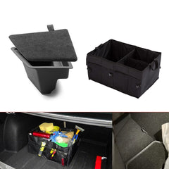 Rear Trunk Left Side Insert Layered Storage Bin Box Organizer Protector Packet w/Lid + Foldable Cargo Groceries Tote Sundries Fabric Bag Basket Kit Compatible with Tesla Model 3 2016-2023