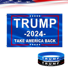 Trump 2024 Flag, Double Sided 3 Ply Take America Back Flag 3x5FT Polyester with Durable Canvas Header and 2 Brass Grommets for Indoor Outdoor Decoration w/Wristbands Set for Supporters Fans