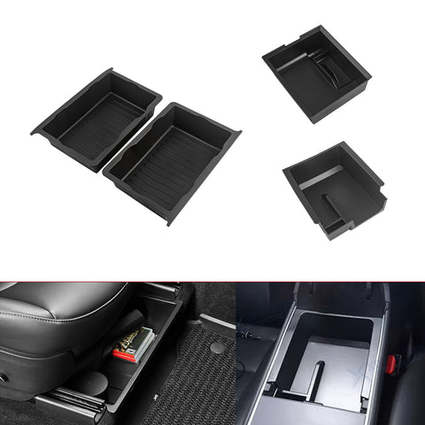 Interior ABS Center Console Armrest Black Layer Cubby Drawer Storage Box + Underseat er Waterproof Hidden Tray Insert Bin Organizer Combo Kit Compatible with Tesla Model Y 2021-2023