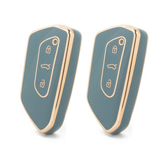 2Pcs Gold Edge Gray TPU Key Fob Shell Full Cover Case, Compatible with Volkswagen Golf 8 ID.4 MK8 Seat Leon MK4 Skoda Octavia Smart Keyless Entry Key