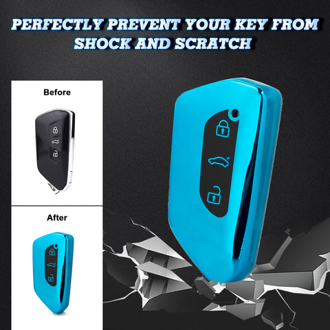 Blue TPU Key Fob Shell Full Cover Case, Compatible with Volkswagen Golf 8 ID.4 MK8 Seat Leon MK4 Skoda Octavia Smart Keyless Entry Key