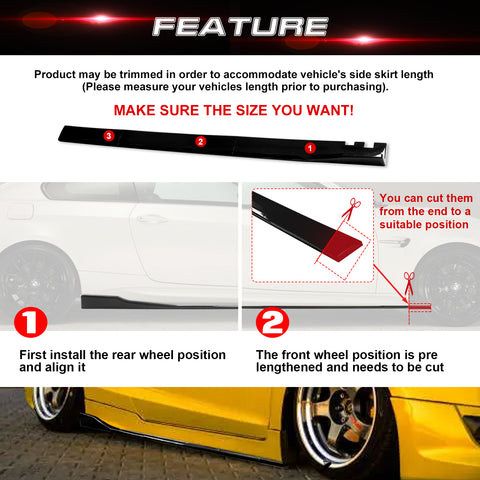 78.7 Inch/2M Car Lower Side Skirts Protect Rocker Panel Splitter Winglets Diffuser Bottom Line Extension Body Kit Universal Fit Most Vehicles (Glossy Black w/ Black Strip)