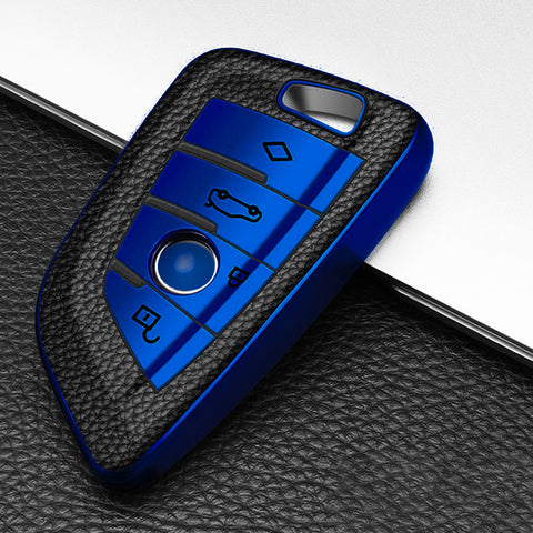 For BMW X1 X3 X5 X6 X7 5 7 Series Blue TPU Leather Key Shell Fob Case Cover w/Keychain