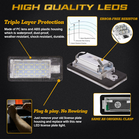 x xotic tech LED License Plate Lights Tag Lamps Replacement Compatible with Audi A3 S3 A4 S4 A6 S6 C6 A8 S8 Q7 RS4 RS6, Error Free 6000K Xenon White, 2Pcs