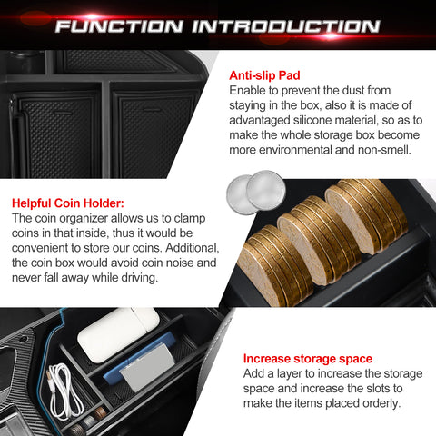 Armrest Insert Storage Box Coin Slot Organizer w/Black Anti-slip Pad For Kia EV6 2022+