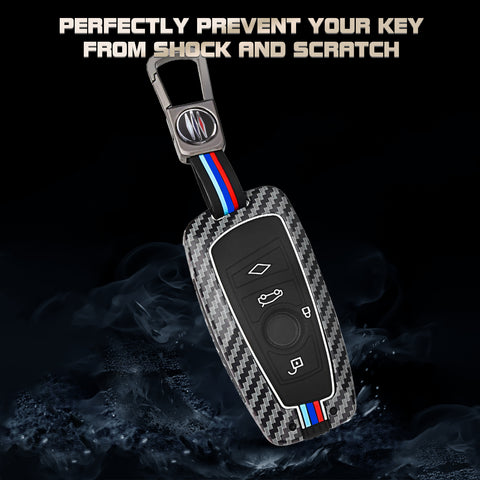 x xotic tech Key Fob Cover Case Compatible with BMW 1 3 4 5 6 7 Series X3 X5 X6 X7 M5 M6 GT3 GT5 Zinc Alloy Heavy Duty Shell Protector Holder Keychain with Carbon Fiber Pattern