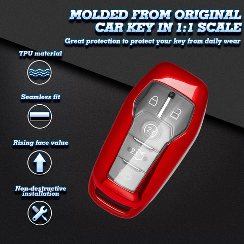 Red Soft TPU Key Fob Shell Skin Cover w/Keychain, Compatible with Ford Fusion Mustang