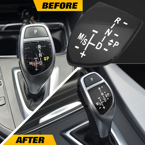 Gear Shift Knob Cover Trim + Gear Panel Button Decal Sticker Replacement Compatible with BMW 1 3 5 6 7 Series (Performance Sports Shifter Style)