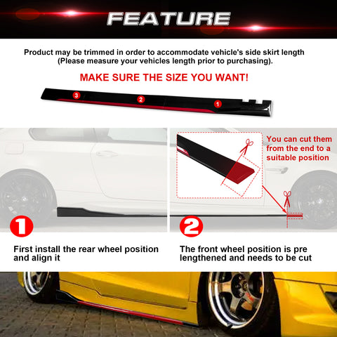 86.5 Inch/2.2M Car Lower Side Skirts Protect Rocker Panel Splitter Winglets Diffuser Bottom Line Extension Body Kit Universal Fit Most Vehicles (Glossy Black w/ Red Strip)