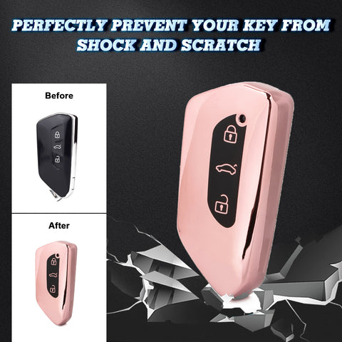 Pink TPU Key Fob Shell Full Cover Case, Compatible with Volkswagen Golf 8 ID.4 MK8 Seat Leon MK4 Skoda Octavia Smart Keyless Entry Key