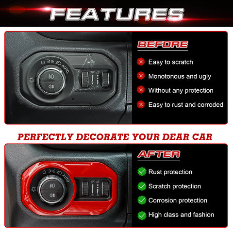 x xotic tech Headlight Switch Button Cover Trim Compatible with Jeep Wrangler JL JLU 2018-up & Gladiator JT 2020-up Interior Accessories(Red)