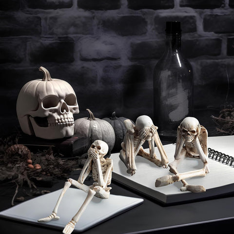 Set of 3 Halloween Statues See Speak Hear No Evil Skeleton Skull Bone Decoration