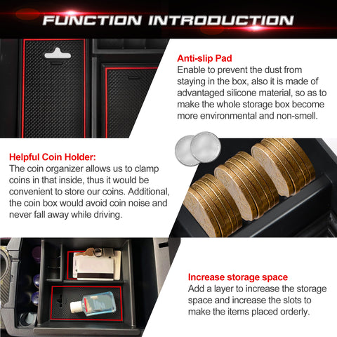 Center Console Armrest Box Secondary Storage Coin Holder Tray Organizer w/Red Anti-Dust Mats + Red Tire Valve Stem Caps Combo Kit, Compatible with Toyota 4Runner 2010-2024 or Kia Telluride 2020-2024