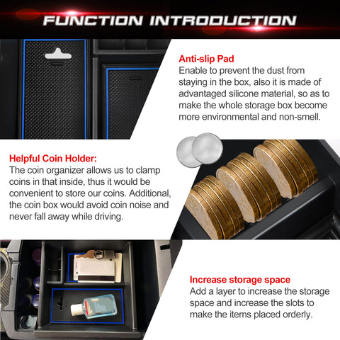 Center Console Armrest Box Secondary Storage Coin Holder Tray Organizer w/Blue Anti-Dust Mats + Blue Tire Valve Stem Caps Combo Kit, Compatible with Toyota 4Runner 2010-2024 or Kia Telluride 2020-2024