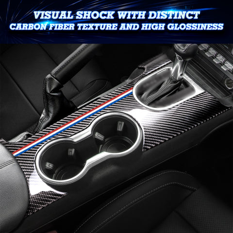 Carbon Fiber w/Tri Color Console Gear Shift Panel Cover For Ford Mustang 2015+