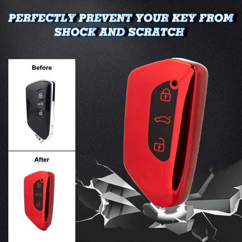 Red TPU Key Fob Shell Full Cover Case, Compatible with Volkswagen Golf 8 ID.4 MK8 Seat Leon MK4 Skoda Octavia Smart Keyless Entry Key