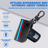 x xotic tech M-Colored Stripe Carbon Fiber Leather Remote Key Fob Cover Case Compatible with BMW Older 1 3 5 6 Series X3 X5 X6 Z4