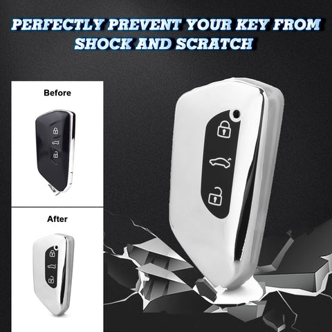 Silver TPU Key Fob Shell Full Cover Case, Compatible with Volkswagen Golf 8 ID.4 MK8 Seat Leon MK4 Skoda Octavia Smart Keyless Entry Key