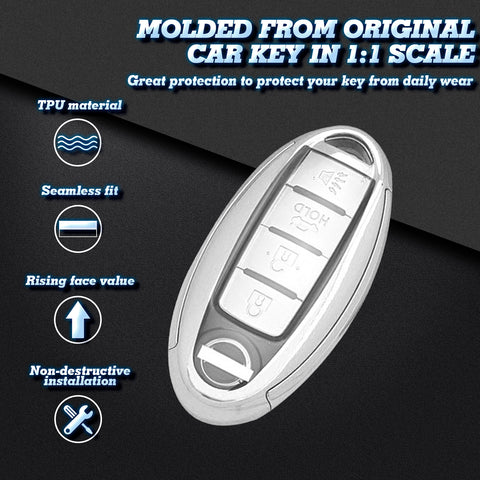 Xotic Tech Silver TPU Key Fob Shell Full Cover Case w/ Blue Keychain, Compatible with Nissan J10 J11 Note Micra X-Trail T31 T32 Kicks Tiida Infiniti QX80 QX70 QX50 Q50 Q60 Smart Keyless Entry Key