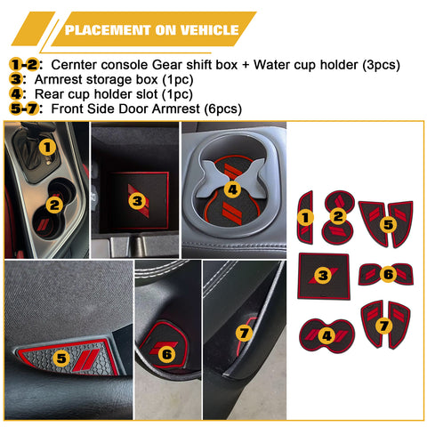 Car Anti-dust Mats Cup Holder Inserts Door Pocket Center Console Liners Mat + AC Climate Control Knob + Engine Start Stop Ring Cover Compatible With Dodge Challenger 2015-2023 (Red, 15pcs)