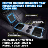 3PCS Center Console Organizer Tray Armrest Hidden Cubby Drawer Storage Box Compatible with Tesla Model 3 Model Y 2021-2024