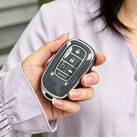 x xotic tech Key Fob Cover Compatible with Honda Accord Civic CR-V HR-V Pilot 2022-2027, Soft TPU Full Protective Smart Remote Keyless Case Accessories 5-Button (Silver Trim)