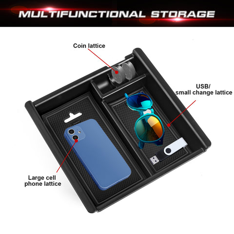 Center Console Armrest Box Secondary Storage Coin Holder Tray Organizer w/Red Anti-Dust Mats + Black Tire Valve Stem Caps Combo Kit, Compatible with Toyota Tacoma 2016-2023