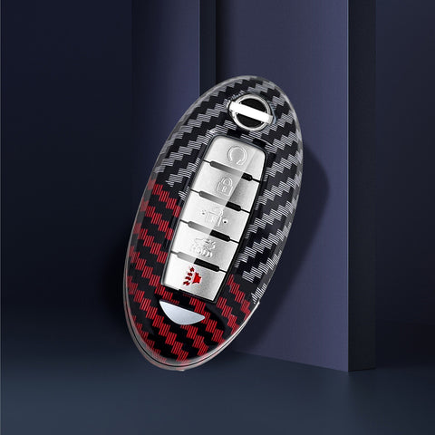 x xotic tech Glossy Black/Red Carbon Fiber Texture Hard Key Fob Cover Case Compatible with Infiniti EX FX JX QX or Nissan Altima GTR Maxima Murano Pathfinder Sentra Oval Shape 3-6 Buttons Smart Key