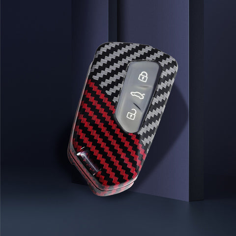 x xotic tech Glossy Black/Red Mix Color Carbon Fiber Texture Hard Plastic Key Fob Cover Case Compatible with Volkswagen MK8 VIII Golf/GTI ID.3 or Skoda Octavia or Seat Leon MK4 Tarraco Ateca