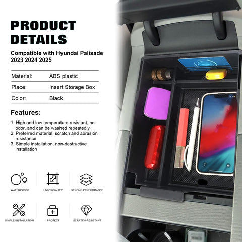 Center Console Organizer For Hyundai Palisade 2023-2025 Armrest Storage Box Tray