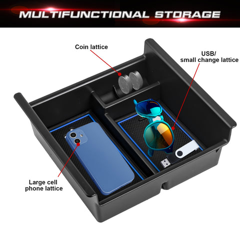 Center Console Armrest Box Secondary Storage Coin Holder Tray Organizer w/Blue Anti-Dust Mats + Blue Tire Valve Stem Caps Combo Kit, Compatible with Toyota 4Runner 2010-2024 or Kia Telluride 2020-2024