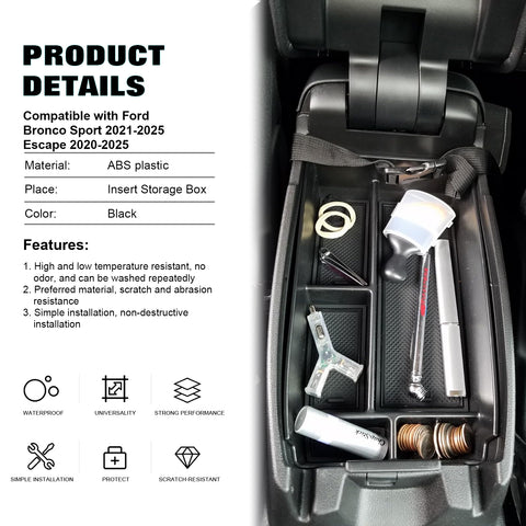 Center Console Armrest Organizer Storage Tray For Ford Bronco Sport 2021-2025