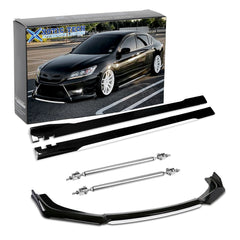 Front Bumper Lip Chin Spoiler+ 2.2M Side Skirt Winglets Diffusers+ Adjustable 10"-13" Support Rod Compatible with Honda Accord Civic or VW MK5 MK6 MK7 or Kia Optima, Glossy Black w/White