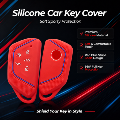 x xotic tech Sport Soft Silicone Smart Key Fob Cover with Red Blue Racing Stripe Compatible with VW Volkswagen Golf GTI/R MK8, ID.4, Atlas Cross Sport, 5-Button Matte Remote Protector Case