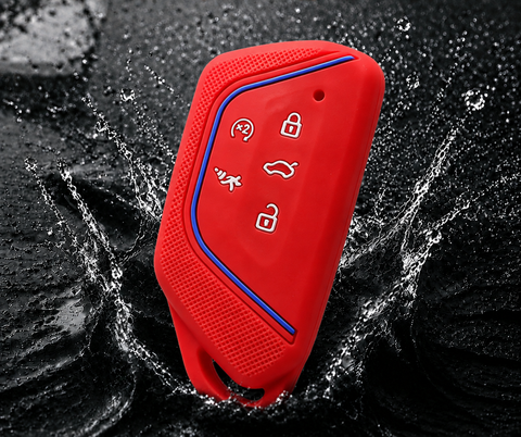 x xotic tech Sport Soft Silicone Smart Key Fob Cover with Red Blue Racing Stripe Compatible with VW Volkswagen Golf GTI/R MK8, ID.4, Atlas Cross Sport, 5-Button Matte Remote Protector Case