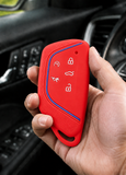 x xotic tech Sport Soft Silicone Smart Key Fob Cover with Red Blue Racing Stripe Compatible with VW Volkswagen Golf GTI/R MK8, ID.4, Atlas Cross Sport, 5-Button Matte Remote Protector Case