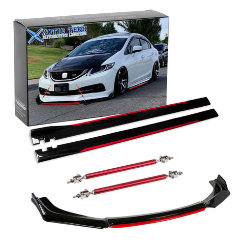 Front Bumper Lip Chin Spoiler+ 2.2M Side Skirt Winglets Diffusers+ Adjustable 10"-13" Support Rod Compatible with Honda Accord Civic or VW MK5 MK6 MK7 or Kia Optima, Glossy Black w/Red