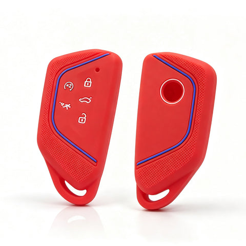 x xotic tech Sport Soft Silicone Smart Key Fob Cover with Red Blue Racing Stripe Compatible with VW Volkswagen Golf GTI/R MK8, ID.4, Atlas Cross Sport, 5-Button Matte Remote Protector Case