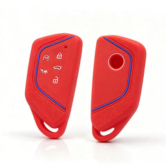 x xotic tech Sport Soft Silicone Smart Key Fob Cover with Red Blue Racing Stripe Compatible with VW Volkswagen Golf GTI/R MK8, ID.4, Atlas Cross Sport, 5-Button Matte Remote Protector Case