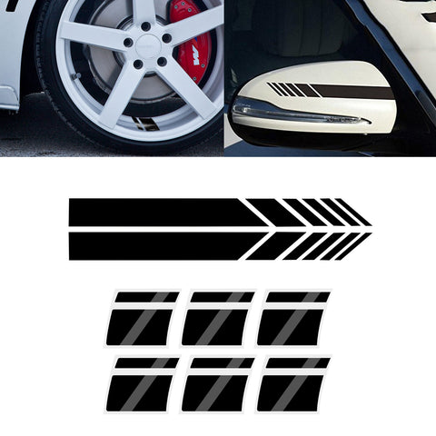 Auto Universal Fit Racing Style 4Pcs Front Hood Fender Double Hash Stripe Stickers + 6Pcs Reflective Wheels Rim Safety Warning Stickers+ 4Pcs Rearview Mirror Slash Mark Decals Set